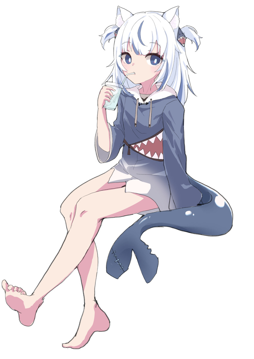 1girl, absurdres, animal_ear_fluff, animal_ears, animal_hood, ashita_tein, barefoot, bendy_straw, blue_eyes, blue_hair, blue_hoodie, blush, cat_ears, closed_mouth, cup, drawstring, drinking_straw, fins, fish_tail, full_body, gawr_gura, gawr_gura_(1st_costume), hair_ornament, highres, holding, holding_cup, hololive, hololive_english, hood, hood_down, hoodie, long_hair, long_sleeves, looking_at_viewer, multicolored_hair, shark_girl, shark_hair_ornament, shark_hood, shark_tail, simple_background, sitting, soles, solo, streaked_hair, tail, two_side_up, virtual_youtuber, white_background, white_hair, wide_sleeves