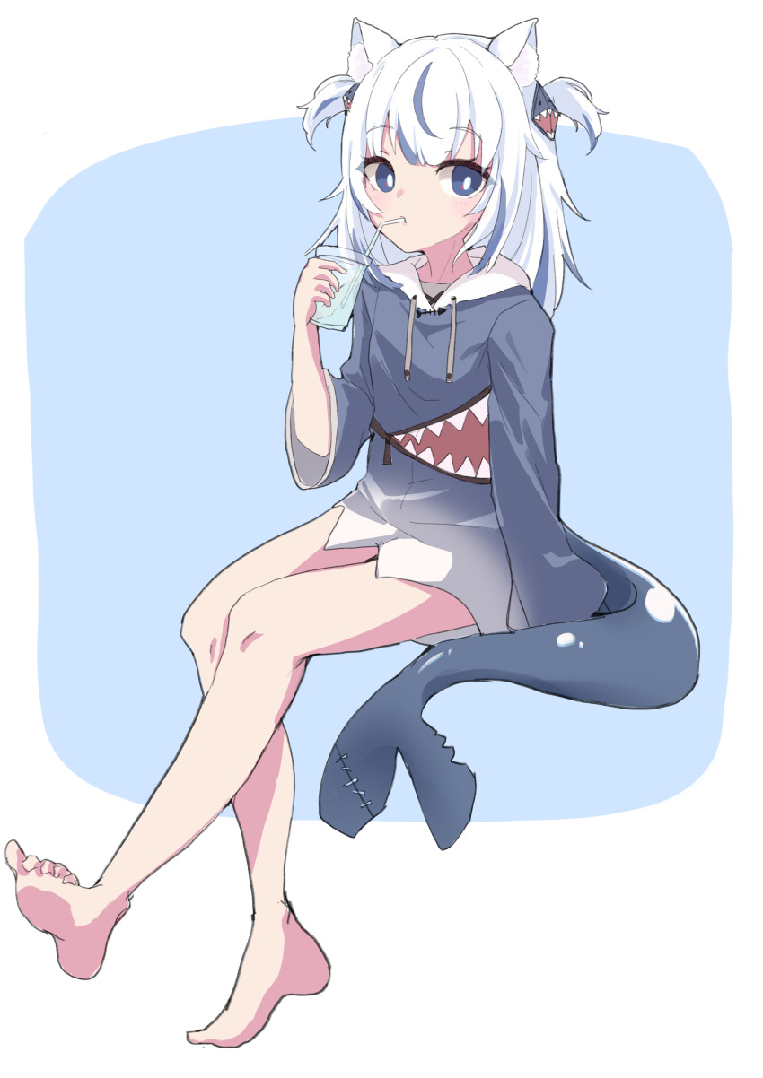1girl, absurdres, animal_ear_fluff, animal_ears, animal_hood, ashita_tein, barefoot, bendy_straw, blue_background, blue_eyes, blue_hair, blue_hoodie, blush, cat_ears, closed_mouth, commentary, cup, drawstring, drinking_straw, fins, fish_tail, full_body, gawr_gura, gawr_gura_(1st_costume), hair_ornament, highres, holding, holding_cup, hololive, hololive_english, hood, hood_down, hoodie, long_hair, long_sleeves, looking_at_viewer, multicolored_hair, shark_girl, shark_hair_ornament, shark_hood, shark_tail, sitting, soles, solo, streaked_hair, tail, two-tone_background, two_side_up, virtual_youtuber, white_background, white_hair, wide_sleeves