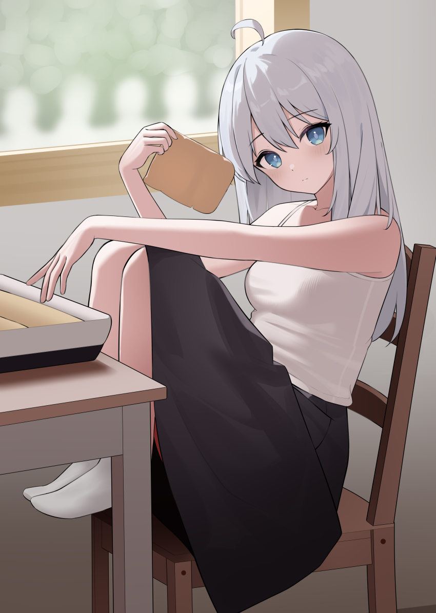 1girl, absurdres, ahoge, bare_arms, bare_shoulders, black_skirt, blue_eyes, blurry, blurry_background, camisole, chair, closed_mouth, commentary_request, depth_of_field, elaina_(majo_no_tabitabi), grey_hair, hair_between_eyes, highres, holding, indoors, knees_up, long_hair, looking_at_viewer, majo_no_tabitabi, nagisa_(cxcx5235), on_chair, sitting, skirt, solo, table, white_camisole, window