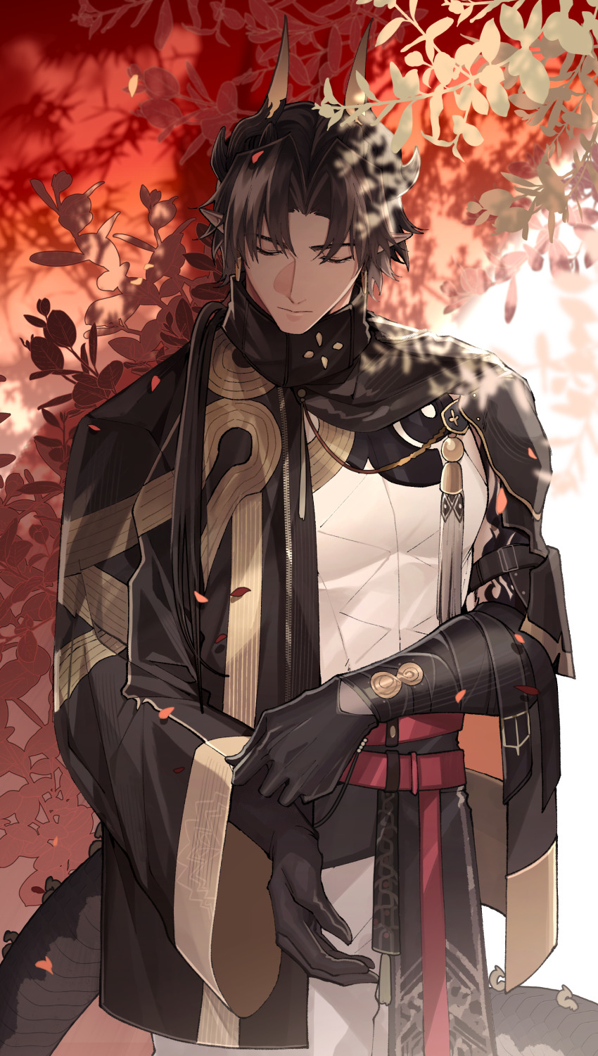 1boy, absurdres, arknights, black_gloves, black_hair, black_jacket, chongyue_(arknights), closed_eyes