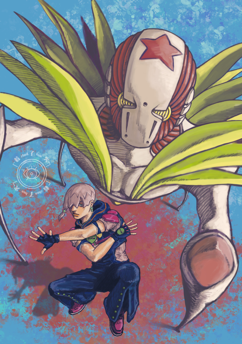 2boys, absurdres, armband, braid, earrings, feather_collar, fingerless_gloves, from_above