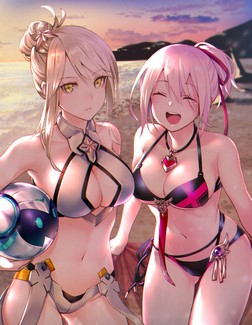 2girls, armpits, beach, bikini, black_bikini, blonde_hair, blush, breasts, carrying, carrying_under_arm, cleavage, closed_eyes, closed_mouth, cloud, cloudy_sky, commentary, cowboy_shot, expressionless, giselle_(idola), grey_bikini, hair_between_eyes, hair_bun, hair_ornament, hair_ribbon, heart, heart_necklace, highres, idola_phantasy_star_saga, jewelry, leaning_forward, looking_at_viewer, medium_breasts, medium_hair, multiple_girls, navel, necklace, ocean, okuyama, outdoors, phantasy_star_online_2, pink_hair, ponytail, red_ribbon, ribbon, short_hair, sidelocks, sky, smile, standing, star_(symbol), star_hair_ornament, stomach, sunset, swept_bangs, swimsuit, the_warrior_(idola), yellow_eyes