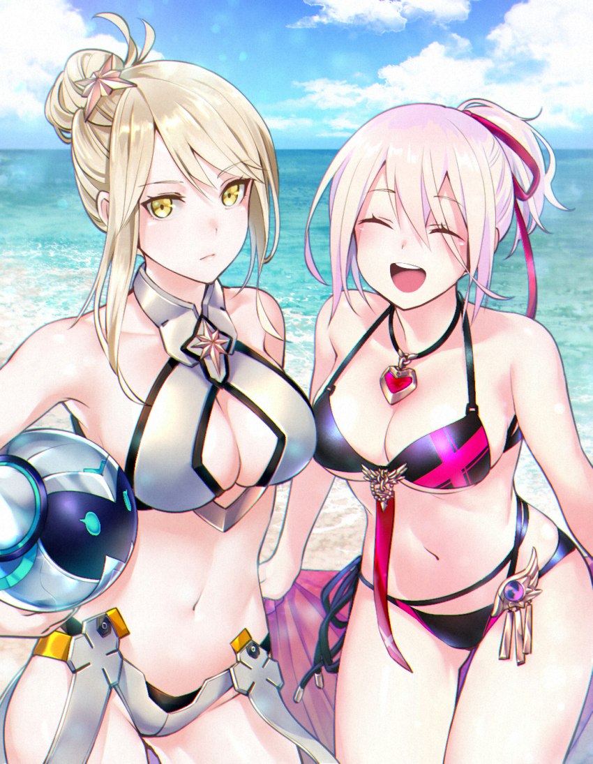 2girls, armpits, beach, bikini, black_bikini, blonde_hair, blush, breasts
