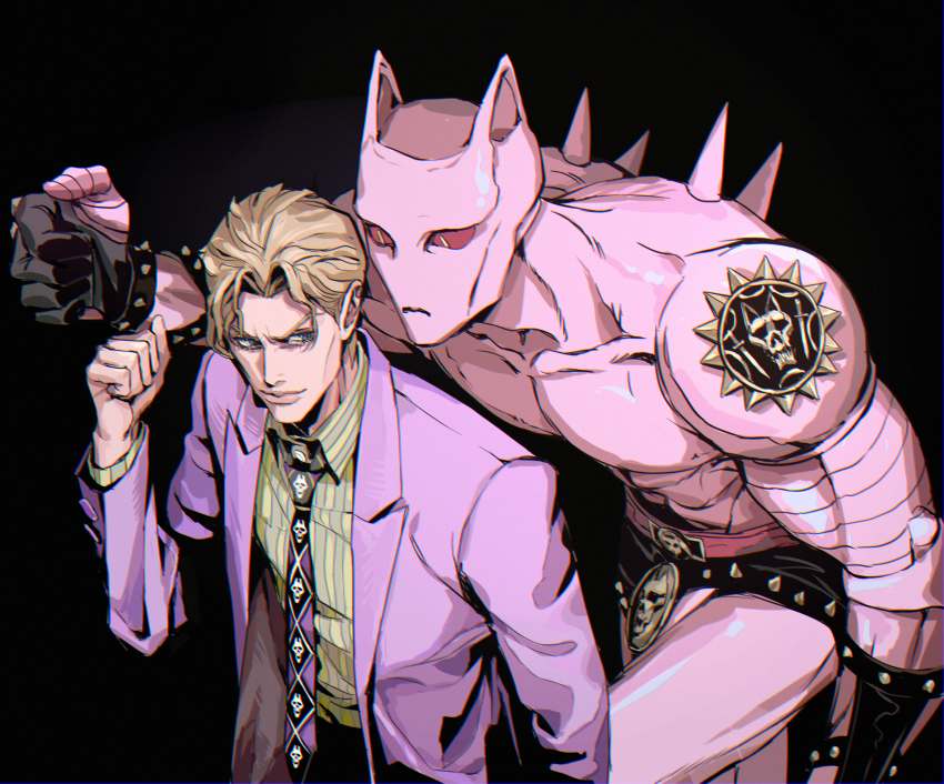 2boys, animal_ears, black_background, blonde_hair, cat_ears, cheekbones, clenched_hand, colored_sclera, diamond_wa_kudakenai, formal_clothes, highres, jojo_no_kimyou_na_bouken, killer_queen, kira_yoshikage, male_focus, multiple_boys, necktie, purple_suit, red_sclera, slit_pupils, smirk, stand_(jojo), suit, user_dapv2434