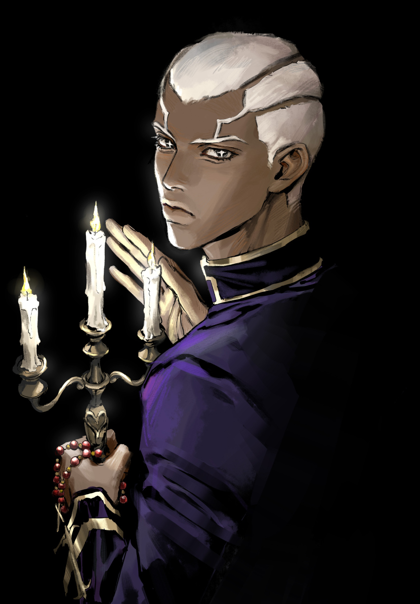+_+, 1boy, absurdres, black_background, black_eyes, candelabra, candle, candlestand, dark-skinned_male, dark_skin, darkness, enrico_pucci, highres, jojo_no_kimyou_na_bouken, looking_back, male_focus, priest, rosary, solo, stone_ocean, upper_body, user_dapv2434, white_hair