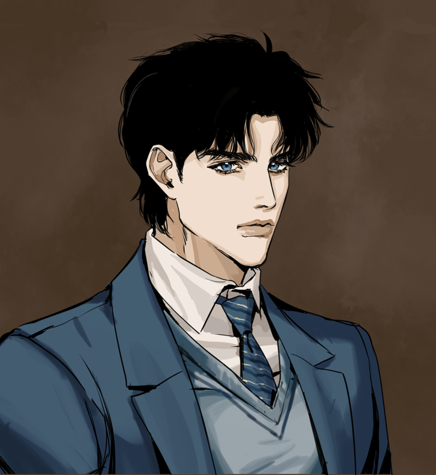 1boy, black_hair, blue_eyes, brown_background, formal_clothes, highres, jojo_no_kimyou_na_bouken, jonathan_joestar