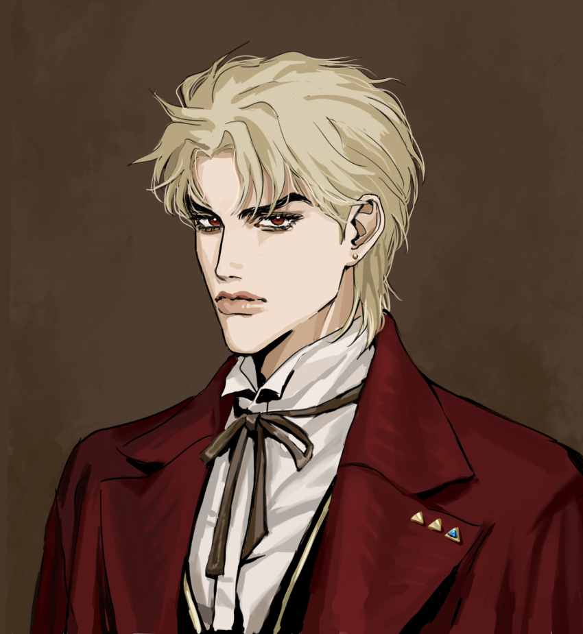 1boy, blonde_hair, brown_background, dio_brando, earrings, formal_clothes, highres, jewelry