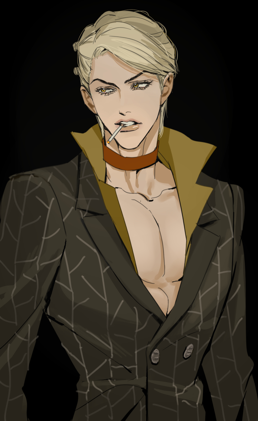 1boy, arrow_print, blonde_hair, cigarette, collar, formal_clothes, highres, jojo_no_kimyou_na_bouken