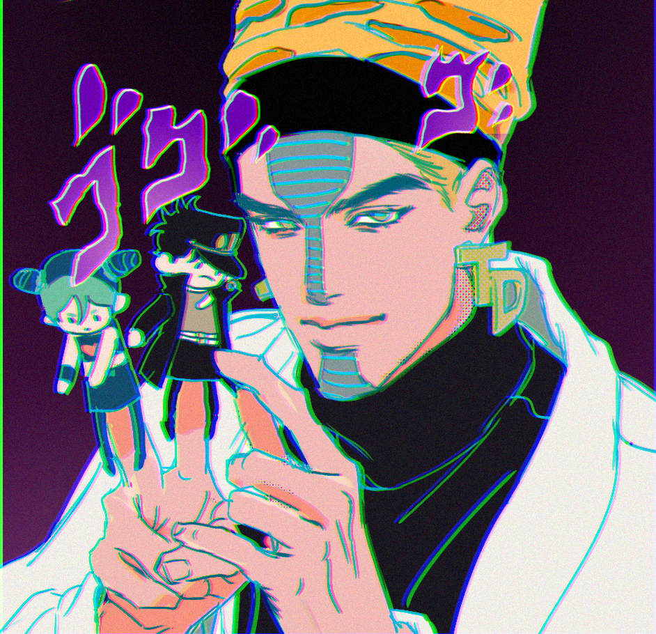 1boy, beehive_hairdo, chromatic_aberration, earrings, facial_tattoo, finger_puppet, headband, jewelry, jojo_no_kimyou_na_bouken, kuujou_jolyne, kuujou_joutarou, male_focus, menacing_(jojo), puppet, solo, stardust_crusaders, tattoo, terence_t._d'arby, time_paradox, turtleneck, user_dapv2434