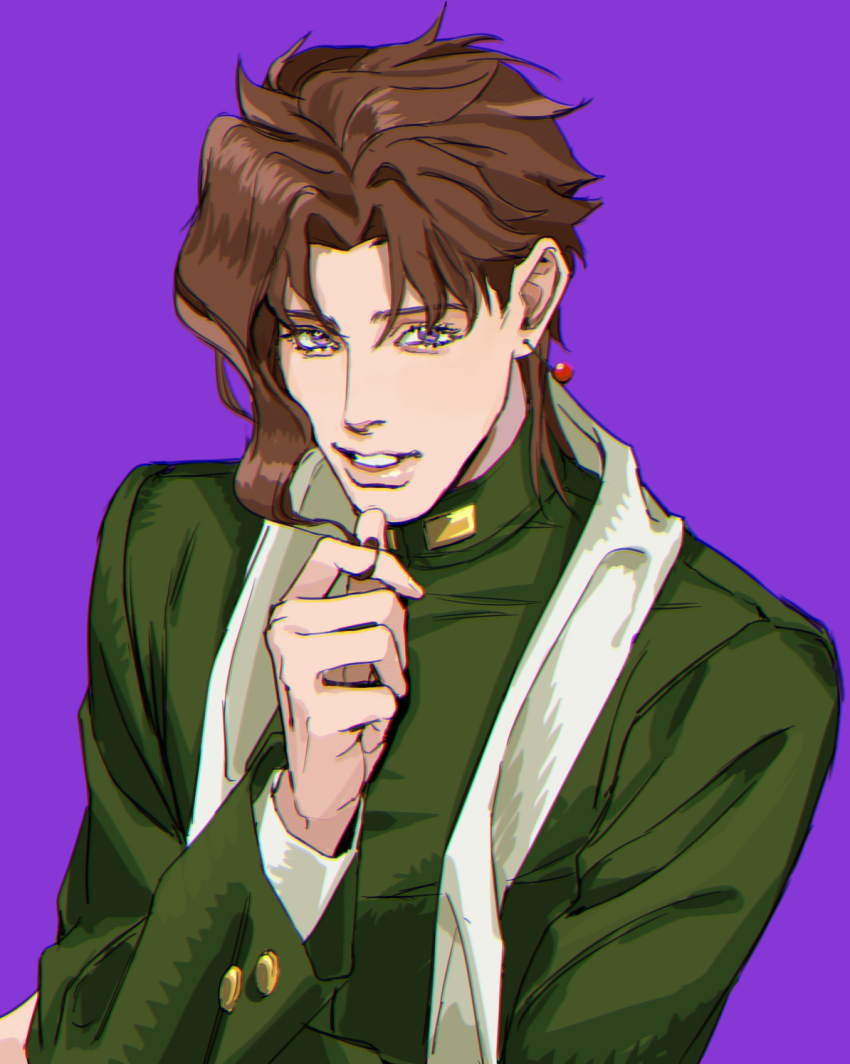 1boy, brown_hair, cherry_earrings, earrings, food-themed_earrings, food_themed_earrings, gakuran, hand_on_own_chin