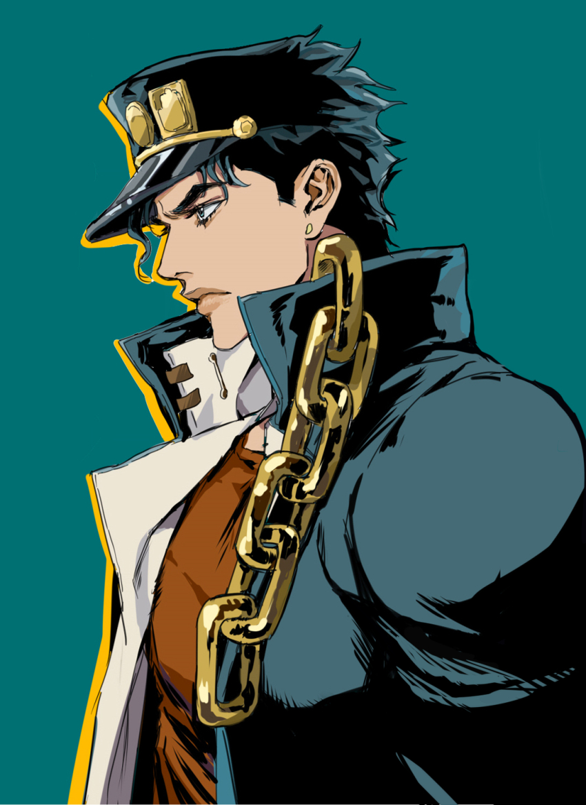 1boy, black_hair, blue_background, chain, earrings, gakuran, green_eyes, hat