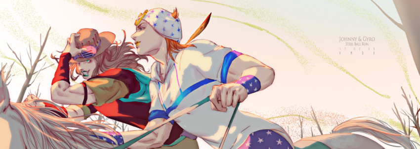 2boys, beanie, brown_hair, cape, green_lips, gyro_zeppeli, hand_on_headwear, hat