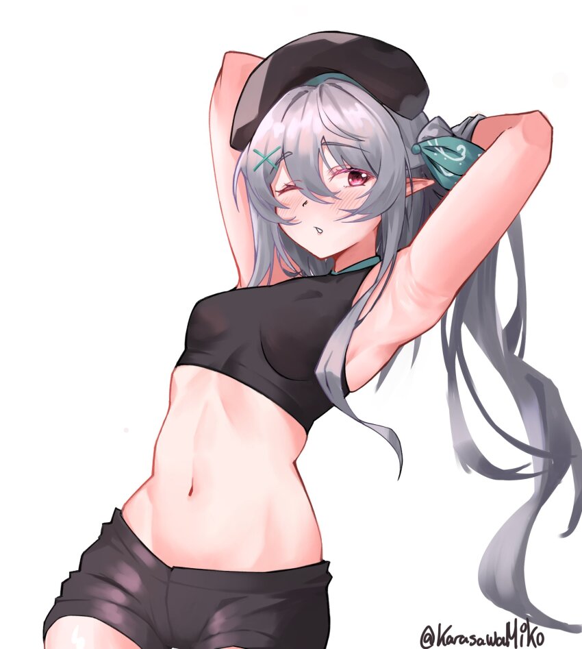1girl, armpits, arms_behind_head, belt, beret, black_belt, black_hat, black_shirt