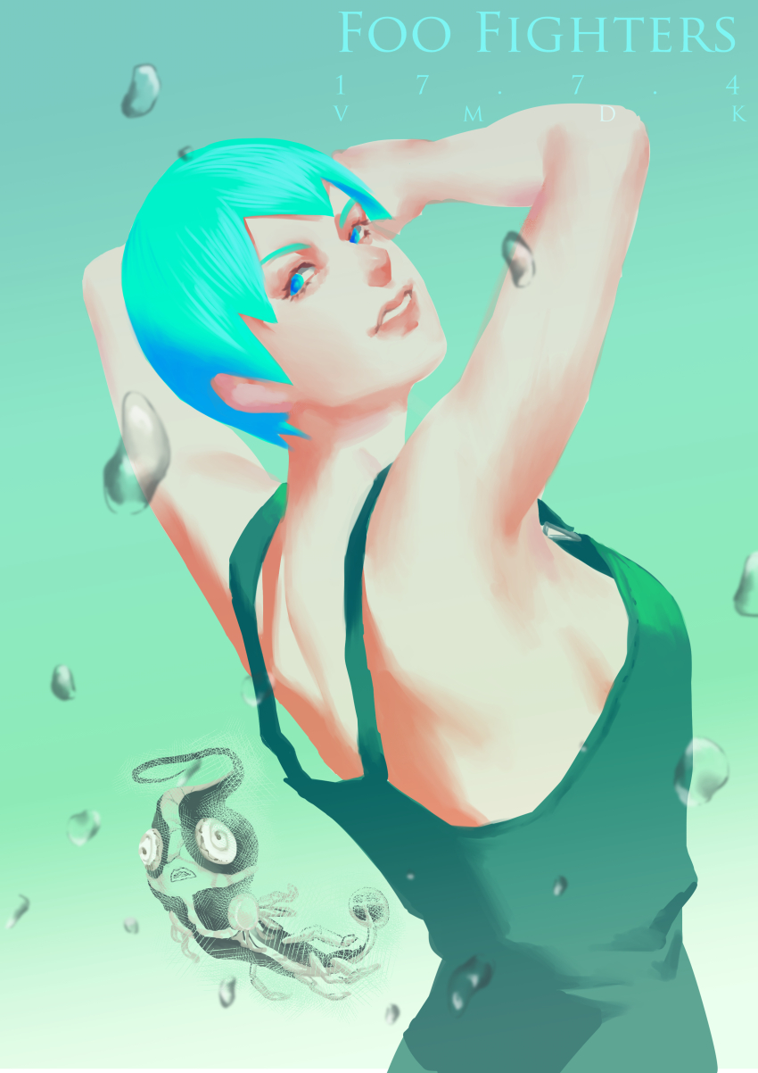 1girl, absurdres, aqua_hair, arms_up, artist_name, blue_eyes, blue_hair, breasts