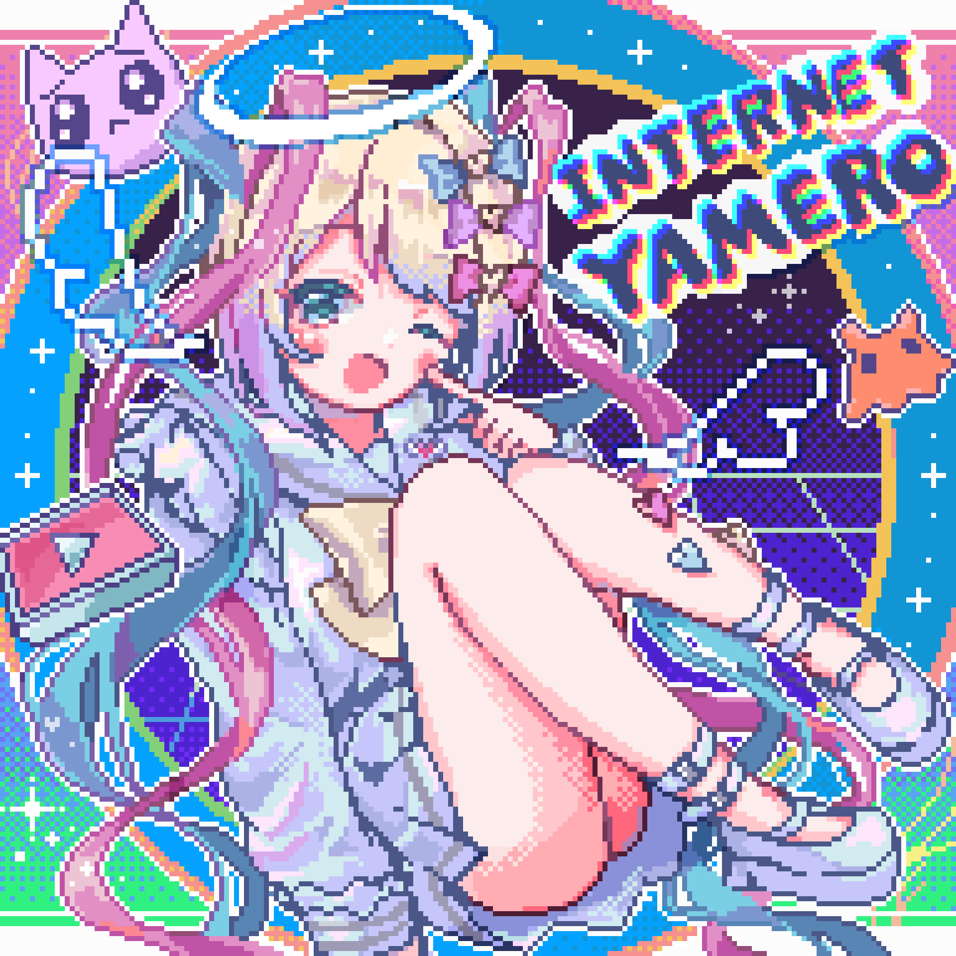 1girl, ;d, blonde_hair, blue_bow, blue_eyes, blue_hair, blue_shirt, blue_shoes, blue_skirt, blush, bow, chouzetsusaikawa_tenshi-chan, emoji, finger_to_cheek, full_body, hair_bow, halo, highres, long_hair, long_sleeves, looking_at_viewer, multicolored_hair, multiple_hair_bows, needy_girl_overdose, obake_yura, one_eye_closed, open_mouth, pink_bow, pink_hair, pixel_art, platform_shoes, pleading_face_emoji, pleated_skirt, purple_bow, quad_tails, sailor_collar, school_uniform, serafuku, shirt, shoes, sitting, skirt, smile, solo, song_name, twintails, very_long_hair, wings, yellow_bow, youtube_logo