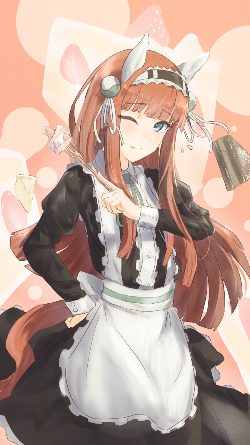 1girl, ;), absurdres, alternate_costume, animal_ears, apron, black_dress, blue_eyes