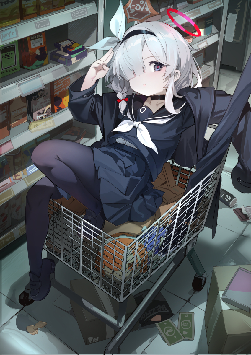 1girl, absurdres, black_choker, black_eyes, black_hairband, black_pantyhose, black_sailor_collar, black_shoes