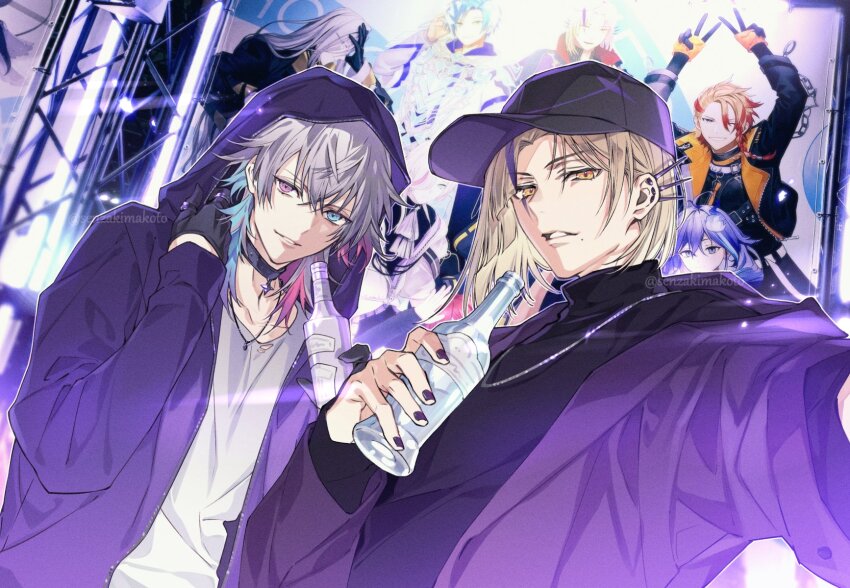 2boys, alternate_costume, aqua_hair, axel_syrios, baseball_cap, black_gloves, black_headwear, black_jacket