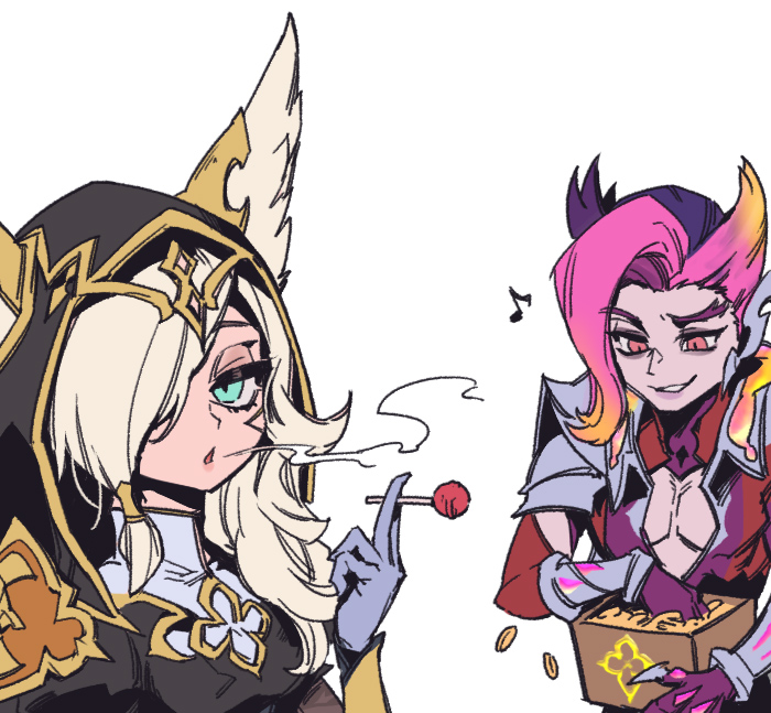 1boy, 1girl, blonde_hair, breasts, broken_covenant_rakan, broken_covenant_xayah, candy, coin
