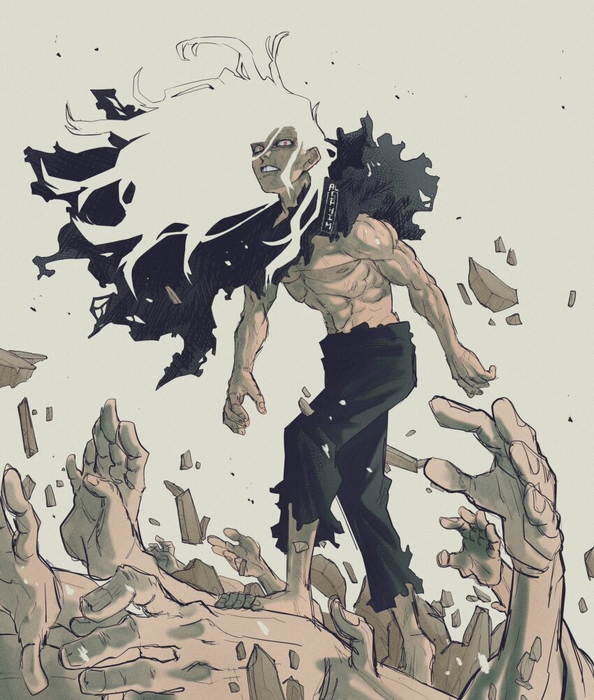 1boy, al_sahim, barefoot, black_cape, black_pants, boku_no_hero_academia, cape, crumbling