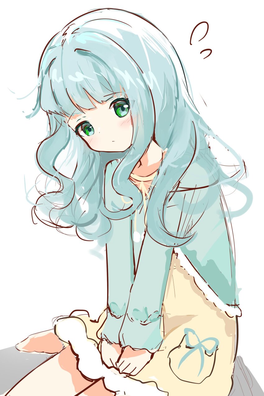1girl, absurdres, aqua_cardigan, aqua_hair, blunt_bangs, blush, cardigan, closed_eyes
