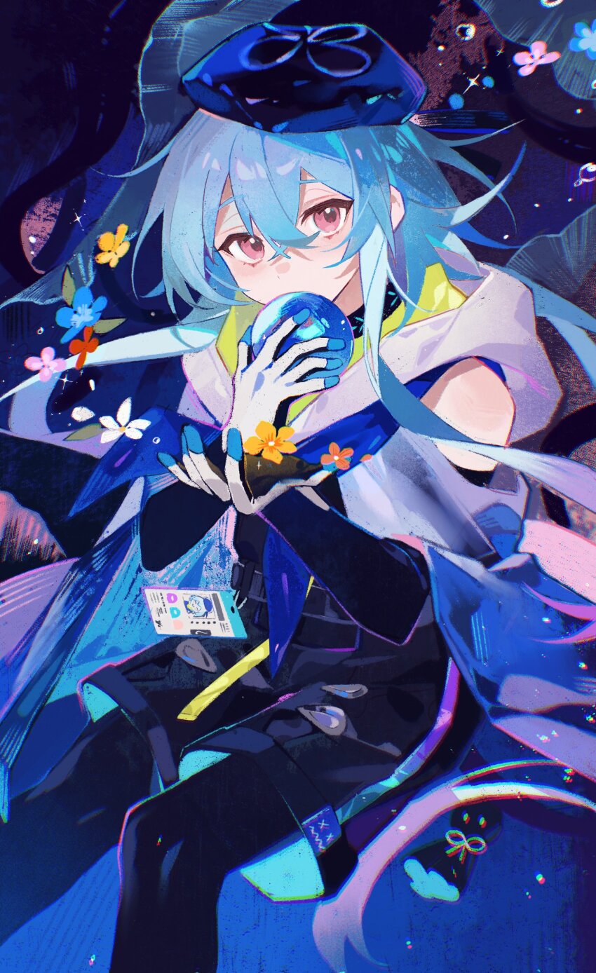 1boy, absurdres, androgynous, arknights, black_leggings, black_shorts, blue_hair, blue_headwear, covering_own_mouth, gloves, highres, hood, hood_down, leggings, long_hair, long_sleeves, looking_at_viewer, male_focus, mizuki_(arknights), pinenut_sn, purple_eyes, shirt, shorts, solo, trap, white_gloves, white_shirt