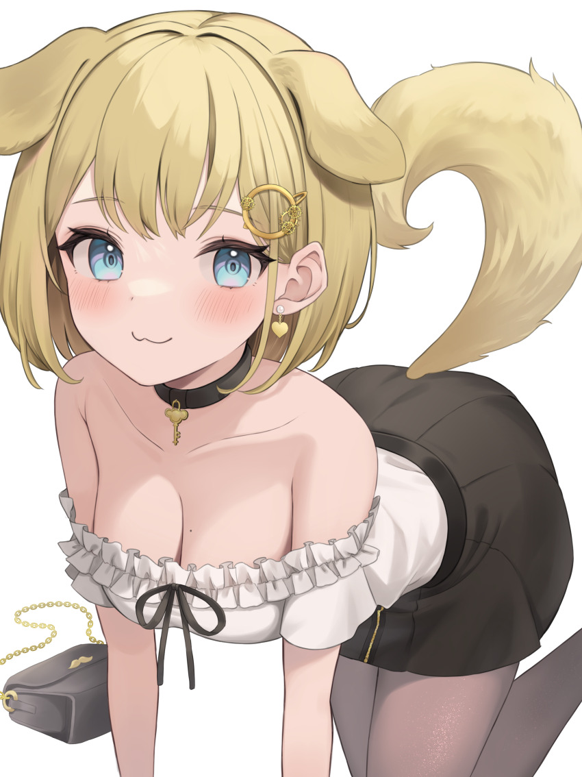 1girl, :3, absurdres, all_fours, animal_ears, bag, black_collar, black_skirt, blonde_hair, blue_eyes, blush, breasts, brown_pantyhose, cleavage, closed_mouth, collar, dog_ears, dog_tail, earrings, frilled_shirt, frills, hair_ornament, hanazawa_ma, handbag, heart, heart_earrings, highres, hololive, hololive_english, jewelry, key, looking_at_viewer, medium_breasts, miniskirt, mole, mole_on_breast, off-shoulder_shirt, off_shoulder, pantyhose, shirt, short_hair, skirt, solo, tail, virtual_youtuber, watson_amelia