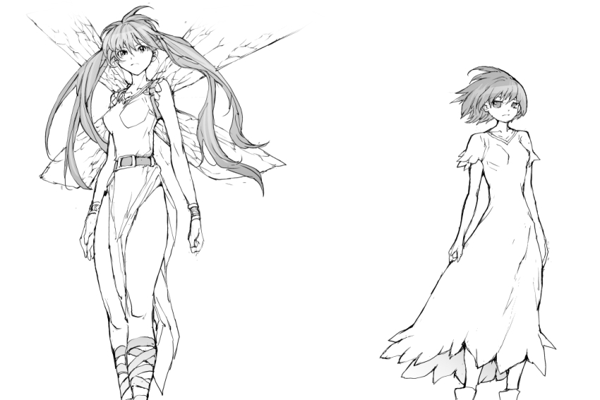 2girls, belt, benriya_saitou-san_isekai_ni_iku, bracer, burningblossom, clenched_hand, dress, fairy_wings