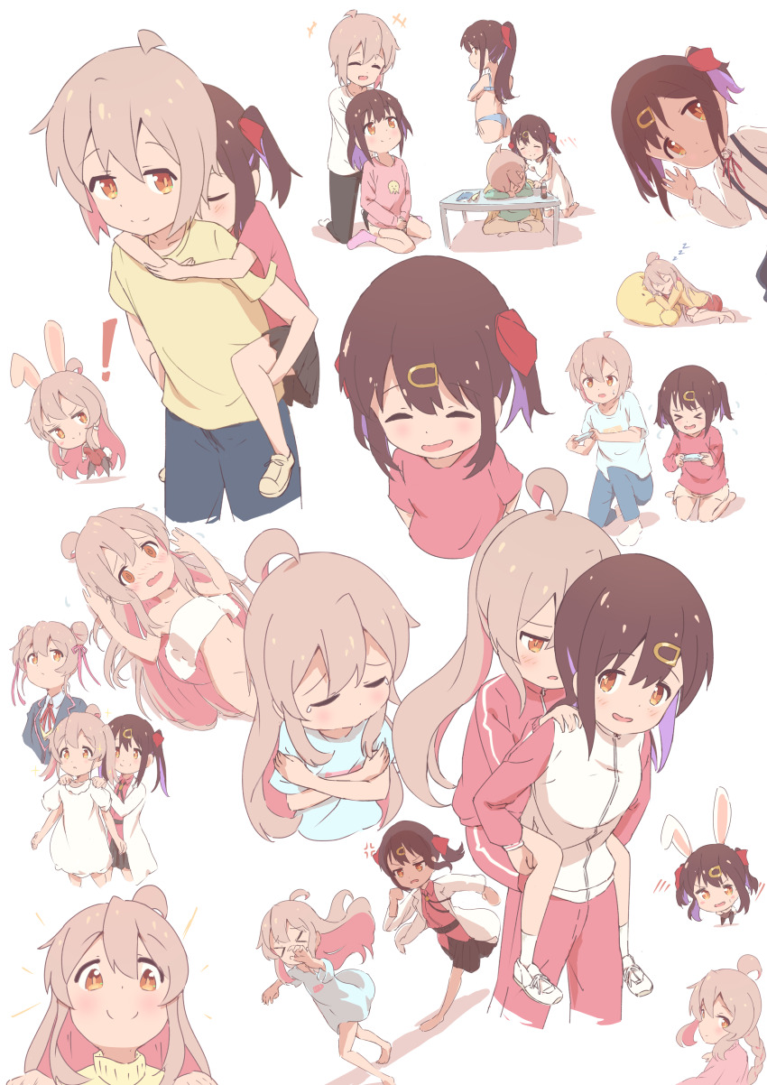 !, >_<, +++, 1boy, 2girls, ^_^, absurdres, aged_down