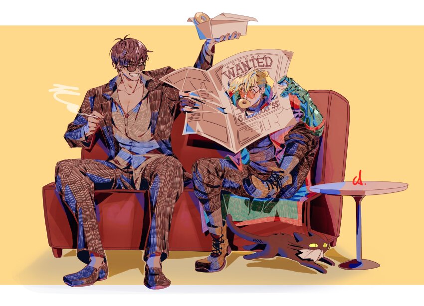 2boys, absurdres, box, cat, cigarette, coat, couch, donut