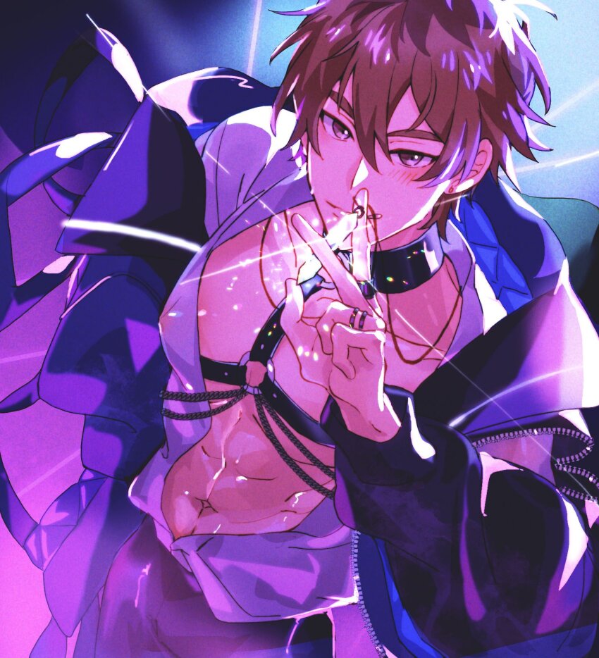 1boy, abs, bishounen, brown_eyes, brown_hair, chest_harness, eiden_(live2023)_(nu_carnival), eiden_(nu_carnival)