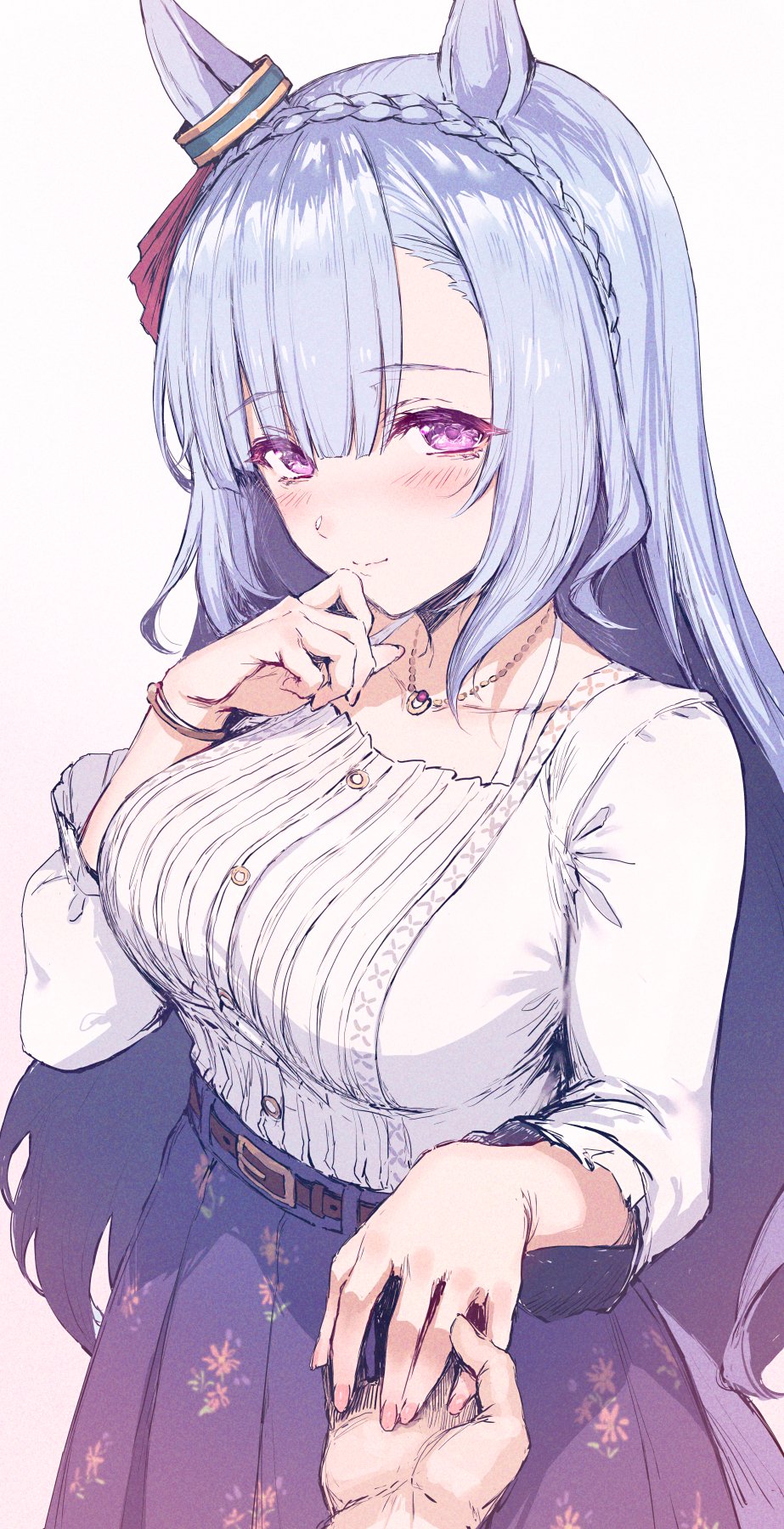 1boy, 1girl, animal_ears, belt, blunt_bangs, blush, braid, breasts, french_braid, grey_hair, hand_up, haoni, highres, holding_hands, horse_ears, jewelry, large_breasts, light_smile, long_hair, mejiro_ardan_(casual)_(umamusume), mejiro_ardan_(umamusume), necklace, pov, pov_hands, purple_eyes, shirt, simple_background, skirt, three-quarter_sleeves, trainer_(umamusume), umamusume, very_long_hair, white_background, white_shirt