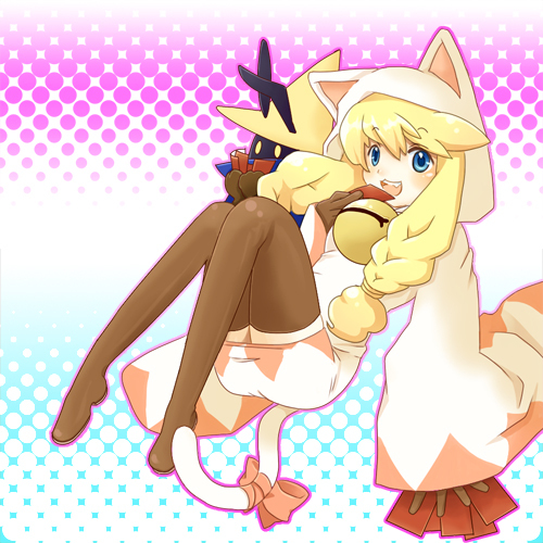 1girl, 2003204, animal_ears, ass, bell, black_mage, black_mage_(fft), black_mage_(final_fantasy), blonde_hair, blue_eyes, card, cat_ears, cat_girl, cat_tail, female_focus, final_fantasy, final_fantasy_tactics, full_body, hat, hood, long_hair, lowres, open_mouth, robe, solo, tail, thighhighs, white_mage, white_mage_(fft), white_mage_(final_fantasy), witch_hat, yellow_eyes