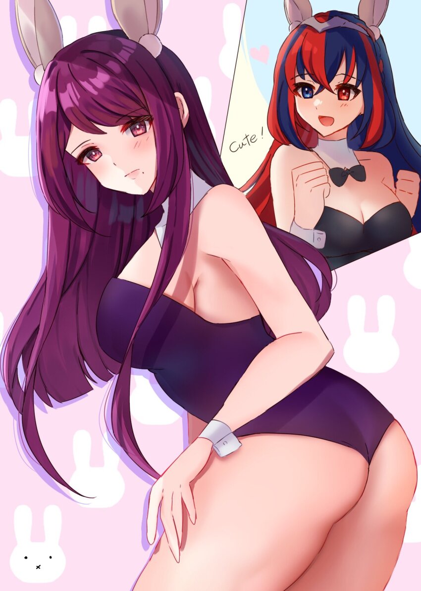2girls, :d, female_alear_(fire_emblem), alternate_costume, animal_ears, ass, bare_arms, bare_shoulders