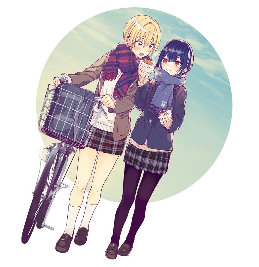 2girls, animal_print, bag, bicycle, black_hair, blonde_hair, blue_scarf, blush