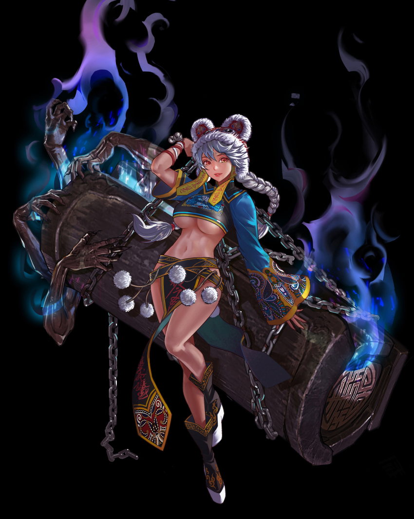 1girl, absurdres, animal_ears, arm_up, asymmetrical_sleeves, bell, black_background, black_boots