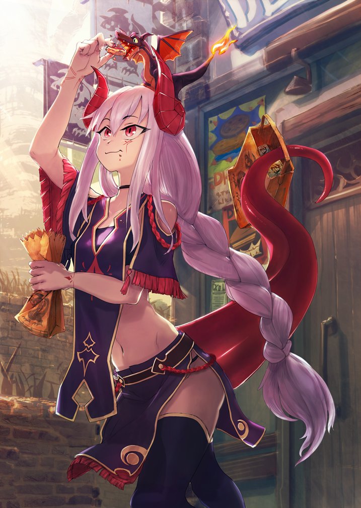 1girl, animal, animal_on_head, arm_up, bag, bare_shoulders, black_choker, black_skirt