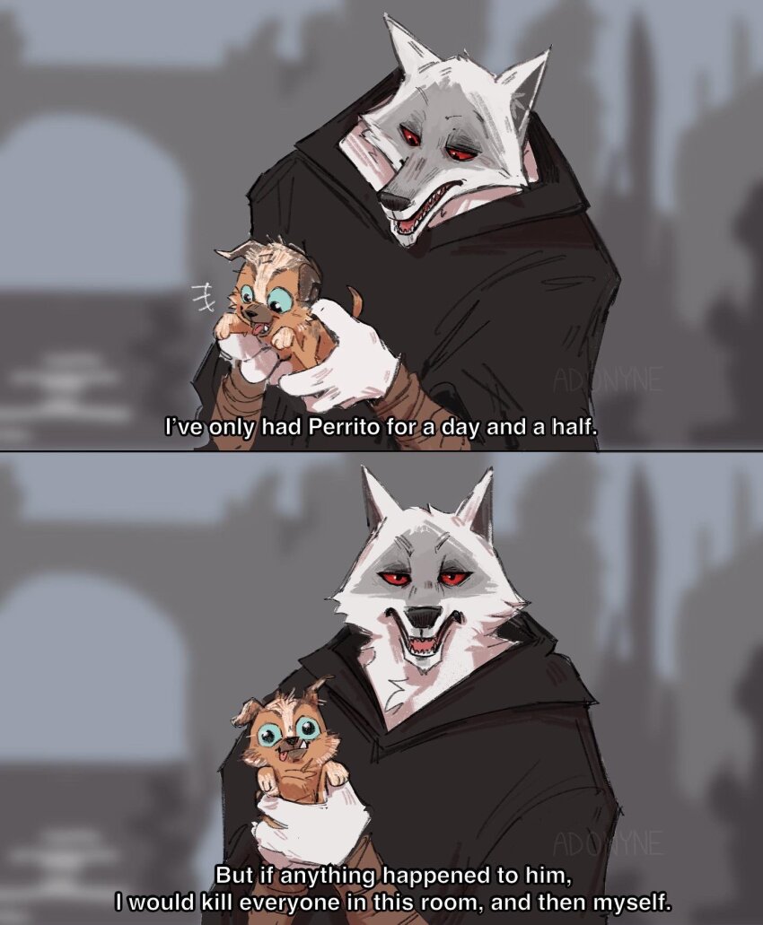 1boy, adonyne, black_cloak, brooklyn_nine-nine, cloak, death_(puss_in_boots), dog, english_text, furry, furry_male, highres, i've_only_had_arlo_for_a_day_and_a_half_(meme), looking_at_viewer, male_focus, meme, perrito_(puss_in_boots), puss_in_boots:_the_last_wish, red_eyes, scene_reference, shrek_(series), subtitled, wolf, wolf_boy
