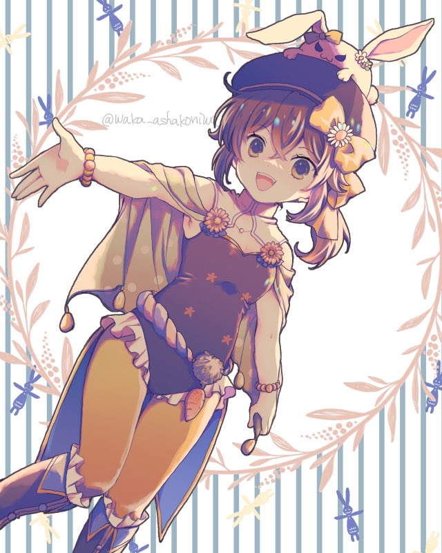 1girl, :d, animal_hat, bare_shoulders, beret, boots, bow, brown_boots
