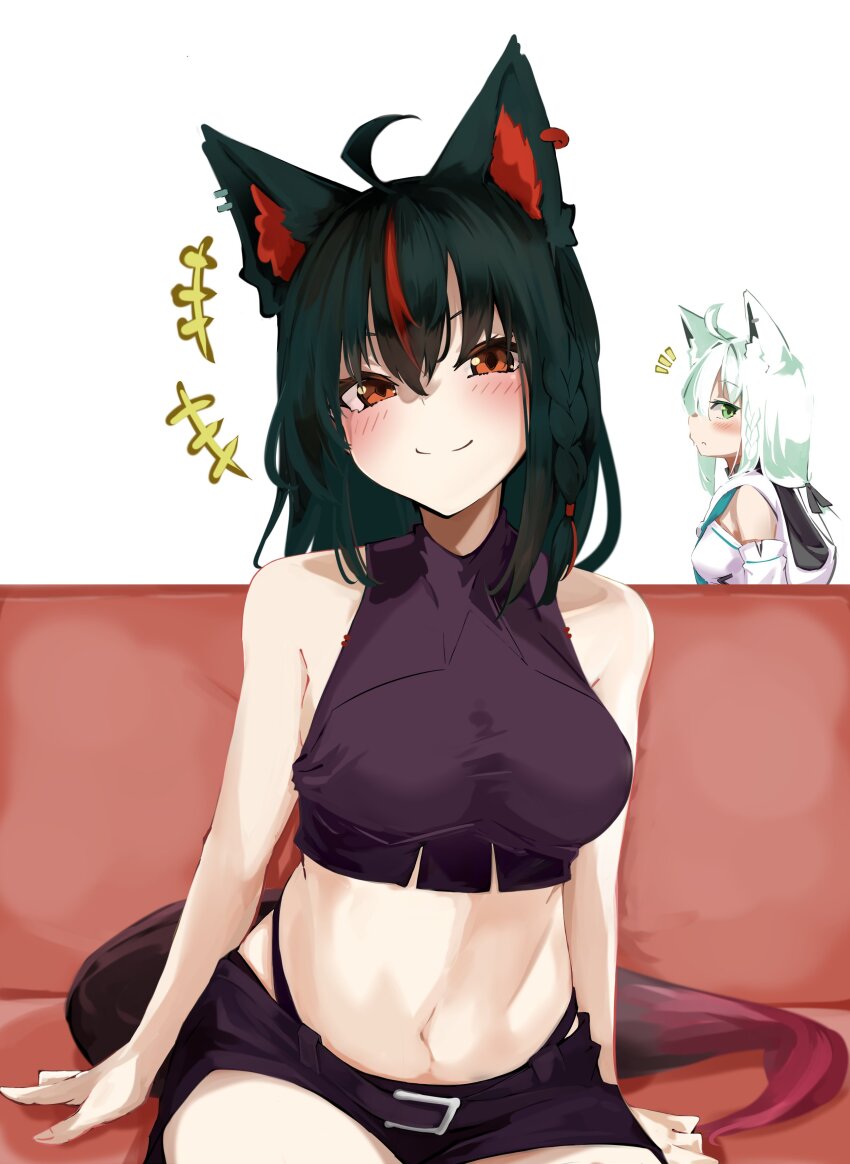 +++, 2girls, absurdres, ahoge, animal_ear_fluff, animal_ears, bare_arms, belt