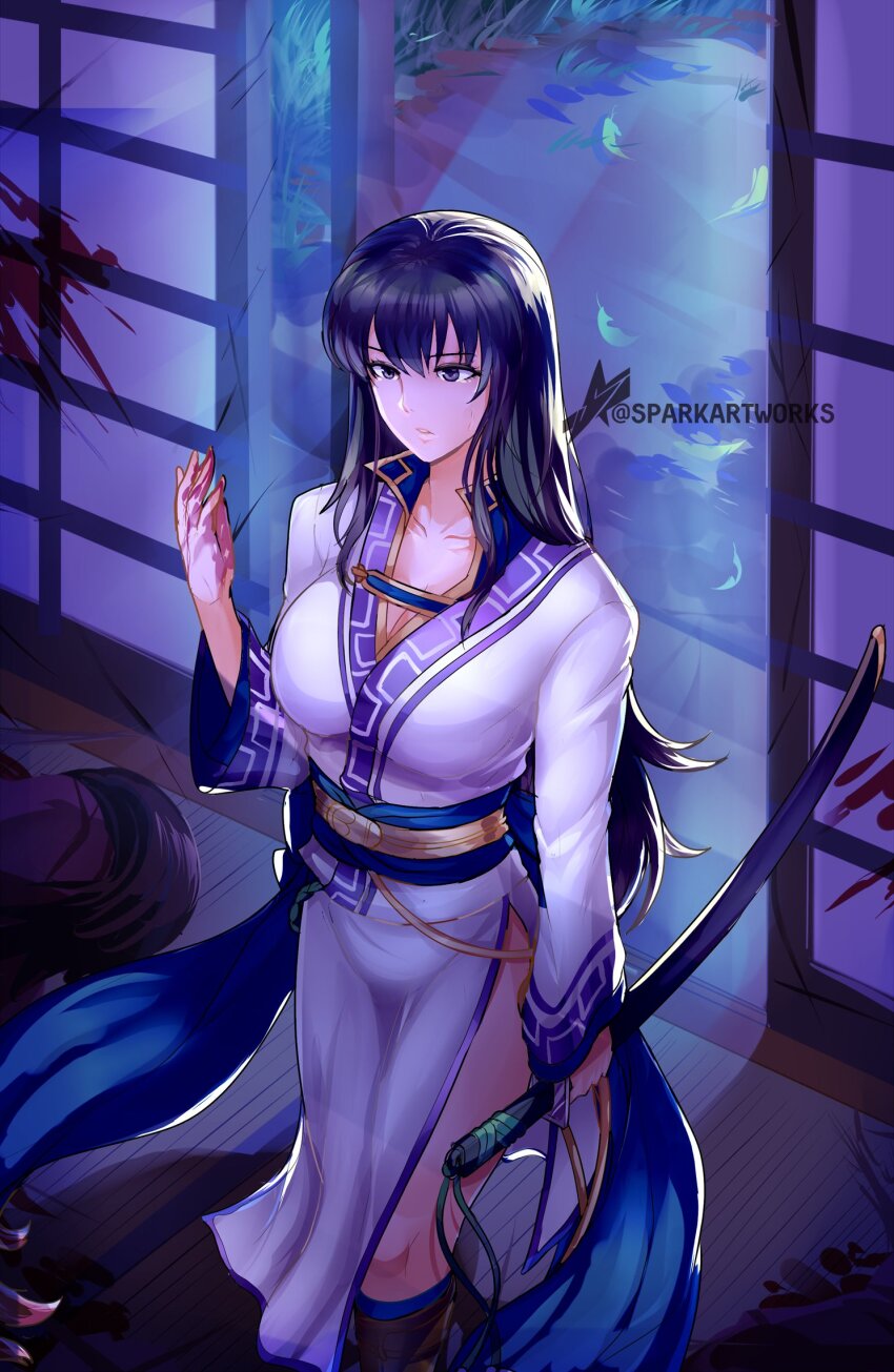 1girl, black_hair, blood, blood_on_hands, breasts, cleavage, commission, dress