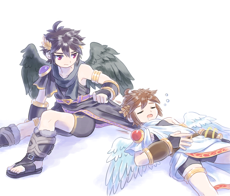 2boys, angel, angel_wings, armband, armlet, black_hair, black_wings, brown_hair