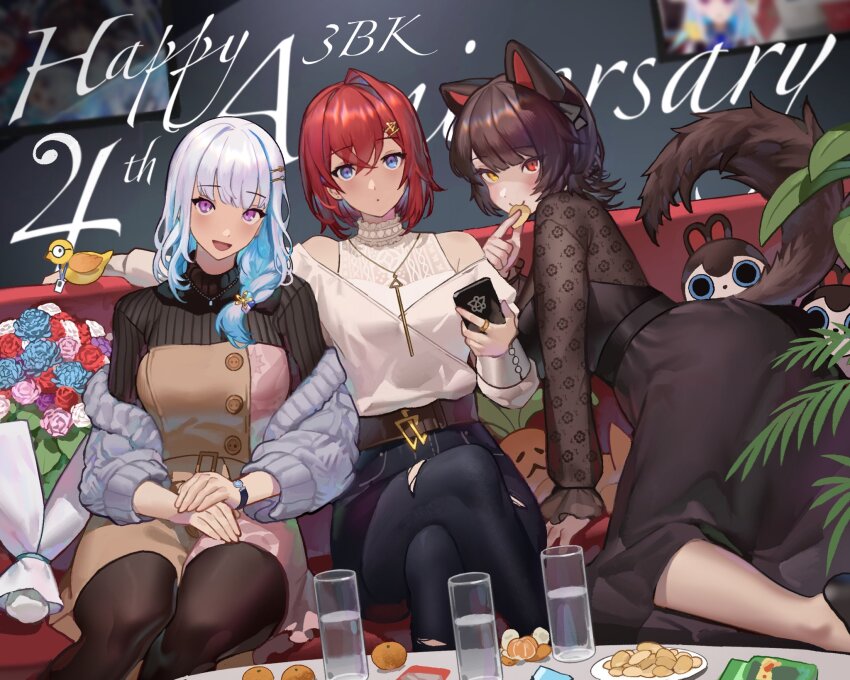 3girls, :3, all_fours, ange_katrina, ange_katrina_(casual), animal_ears, anniversary, aran_sweater, belt, bird, black_belt, black_dress, black_hair, black_pantyhose, black_ribbon, black_sweater, blue_eyes, blue_hair, blurry, blurry_background, bouquet, braid, brown_belt, brown_dress, buttons, cable_knit, cardigan, cardigan_partially_removed, chips_(food), closed_mouth, colored_inner_hair, couch, crossed_legs, denim, dog_ears, dog_girl, dog_tail, dot_mouth, dress, drink, dutch_angle, english_text, feet_out_of_frame, flower, food, fruit, grey_cardigan, group_name, hair_ornament, hair_over_shoulder, hair_ribbon, hairclip, halterneck, hand_up, hands_on_lap, heterochromia, highres, holding, holding_food, holding_phone, inui_toko, inui_toko_(stage_dress), jeans, jewelry, kamitoge_supino, leaning_to_the_side, lize_helesta, lize_helesta_(5th_costume), mandarin_orange, medium_hair, multicolored_dress, multicolored_hair, multiple_girls, nijisanji, off-shoulder_dress, off-shoulder_shirt, off_shoulder, on_couch, open_mouth, own_hands_together, pants, pantyhose, pendant, phone, photo_(object), picture_frame, pink_dress, potato_chips, purple_eyes, red_eyes, red_hair, ribbed_sweater, ribbon, ring, sanbaka_(nijisanji), sebastian_piyodore, see-through_clothes, see-through_sleeves, shirt, shirt_tucked_in, short_dress, short_hair, single_hair_intake, sitting, smile, snack, sweater, table, tail, torn_clothes, torn_jeans, torn_pants, turtleneck, turtleneck_sweater, virtual_youtuber, white_hair, white_shirt, yellow_eyes