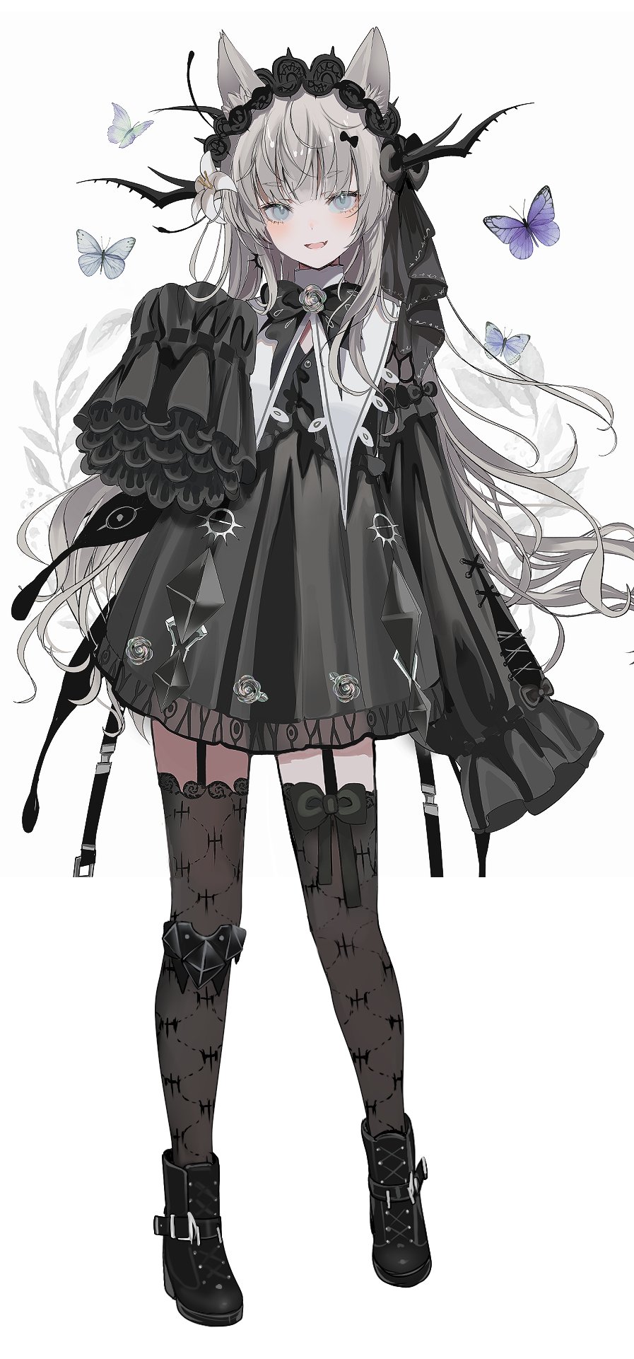 1girl, :d, animal_ears, black_boots, black_dress, black_thighhighs, boots, bug