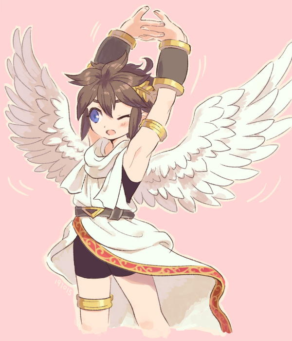 1boy, angel, angel_wings, armband, armlet, blue_eyes, brown_hair, cowboy_shot