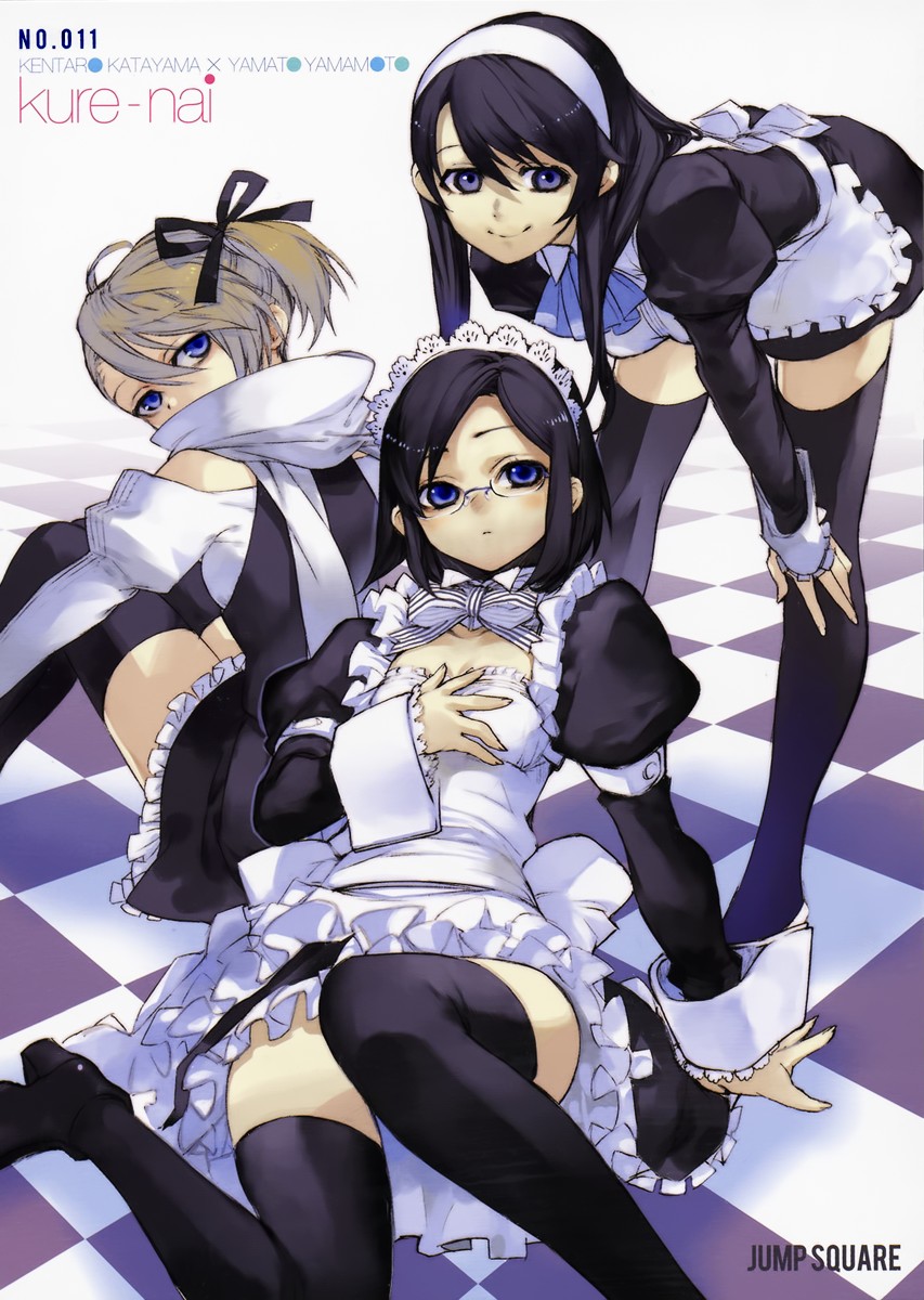 3girls, apron, arm_belt, black_hair, blonde_hair, blue_eyes, breasts, cleavage_cutout