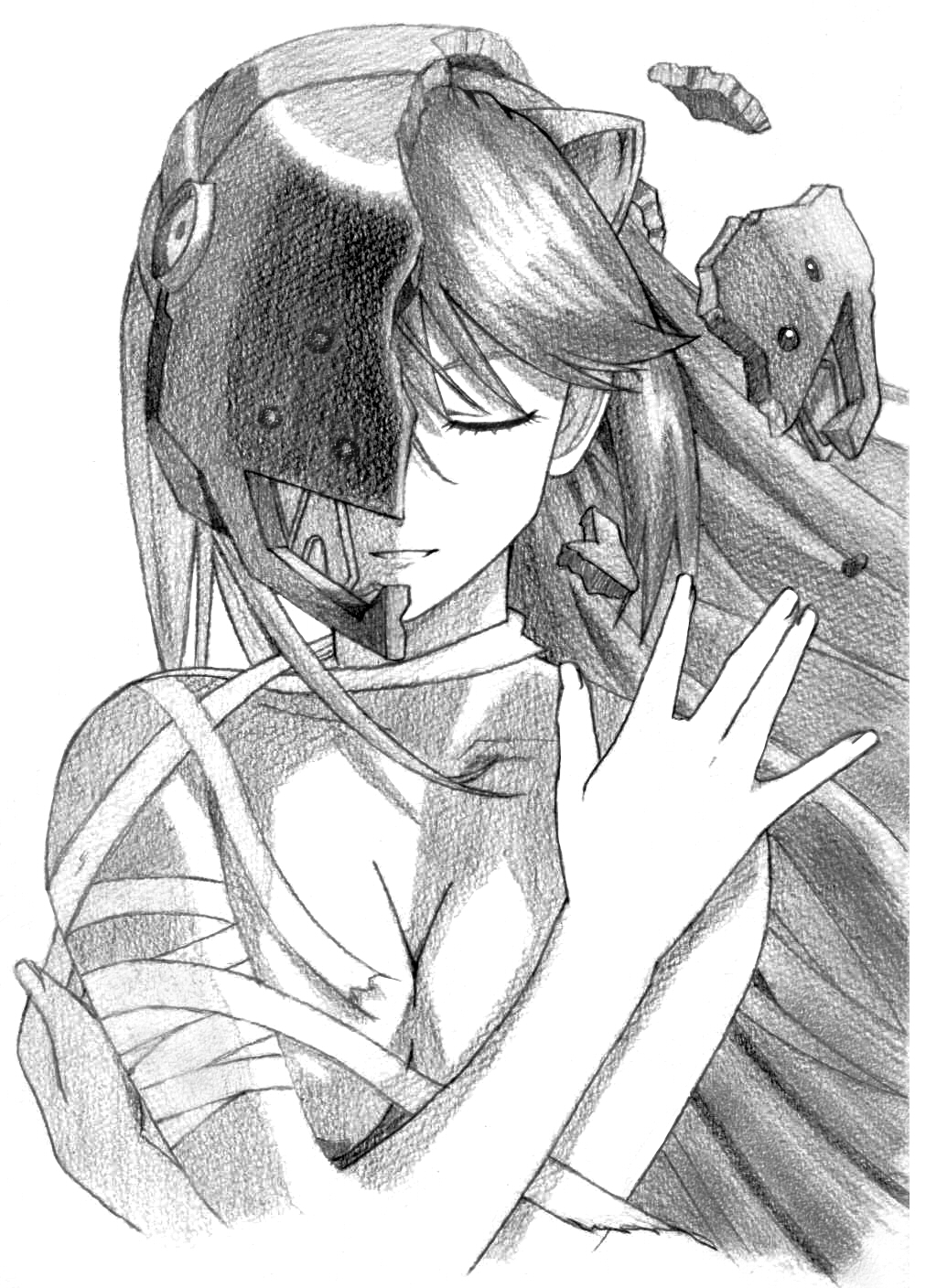 00s, 1girl, bad_id, bad_pixiv_id, bandages, breasts, cleavage, closed_eyes, derivative_work, elfen_lied, female_focus, greyscale, highres, horns, kaede_(character), large_breasts, long_hair, lucy_(elfen_lied), miamai, monochrome, ryuuryou, sketch, smile, solo, traditional_media