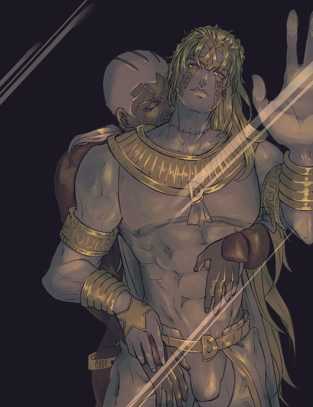 2boys, against_glass, armlet, blonde_hair, colored_skin, dio_brando, enrico_pucci, facial_hair