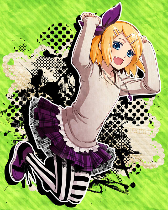 1girl, arms_up, asymmetrical_legwear, black_&amp;_white, blonde_hair, blue_eyes, bow, fang