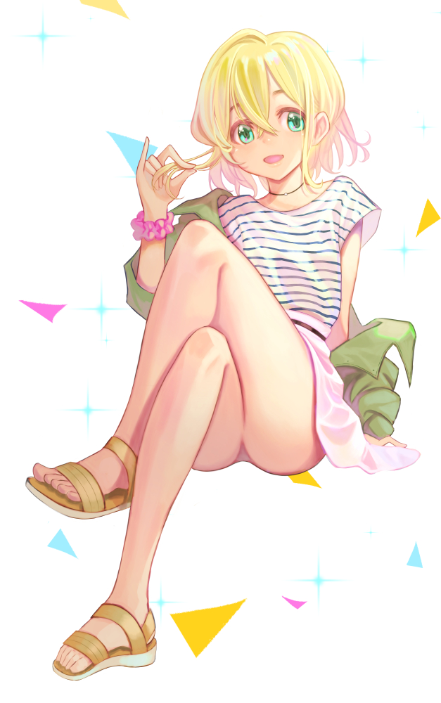 1girl, blonde_hair, brown_sandals, commentary, crossed_legs, feet, green_eyes, green_jacket, hand_in_own_hair, invisible_chair, jacket, jewelry, jj_(ssspulse), kanojo_okarishimasu, knee_up, legs, looking_at_viewer, nanami_mami, necklace, off_shoulder, open_mouth, pink_scrunchie, sandals, scrunchie, shirt, short_hair, sitting, sleeveless, sleeveless_shirt, smile, solo, striped_clothes, striped_shirt, toes, white_shirt, wrist_scrunchie